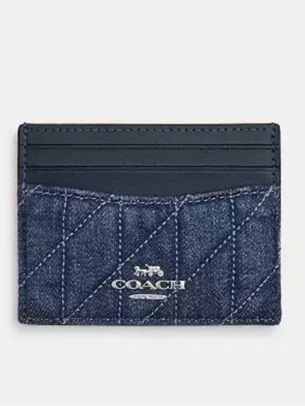 NWT Coach Slim ID Card Case Quilted Denim Leather Blue Silver CAT70